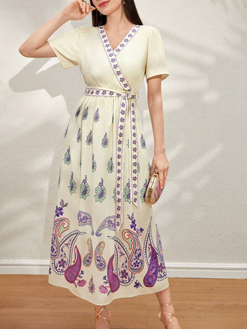 Summer Elegant Short Sleeve Wrap Dress With V-Neck, Cross Wrap And Belt, Full Print