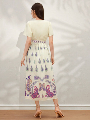 Summer Elegant Short Sleeve Wrap Dress With V-Neck, Cross Wrap And Belt, Full Print