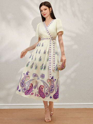 Summer Elegant Short Sleeve Wrap Dress With V-Neck, Cross Wrap And Belt, Full Print