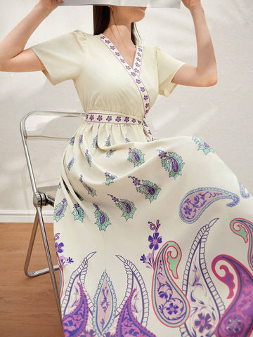 Summer Elegant Short Sleeve Wrap Dress With V-Neck, Cross Wrap And Belt, Full Print