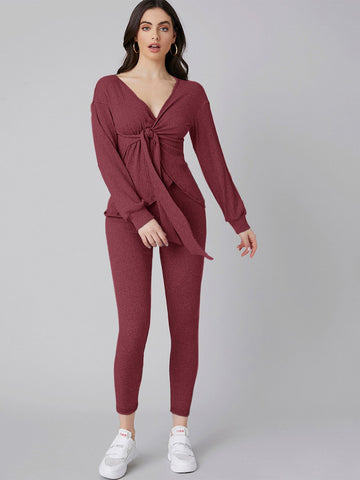 Tie Front Rib-knit Top & Leggings Set