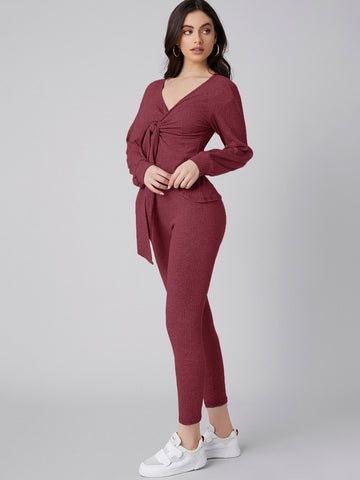 Tie Front Rib-knit Top & Leggings Set