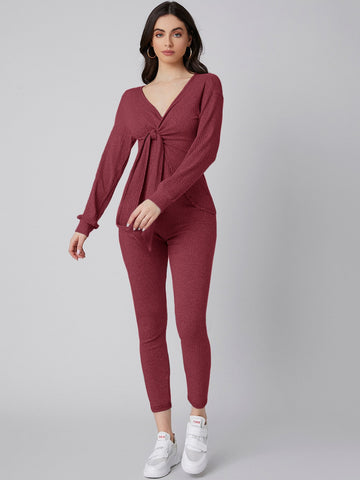 Tie Front Rib-knit Top & Leggings Set