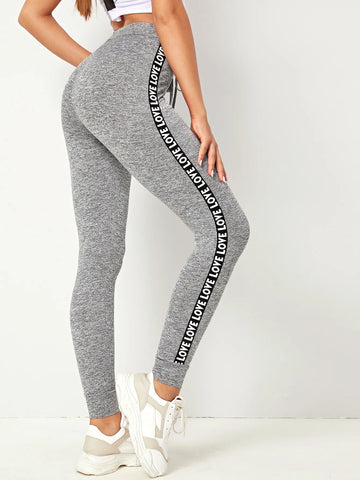 Mulvari Tie Waist Letter Tape Side Marled Leggings