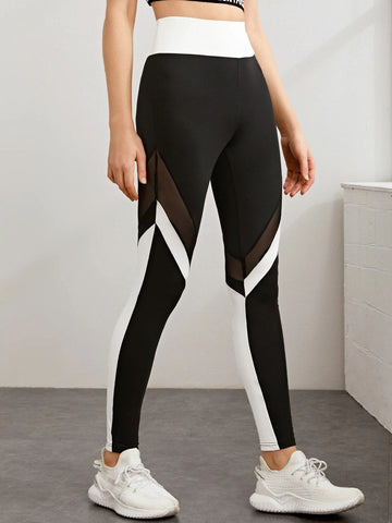 Mulvari Wide Waistband Mesh Insert Colorblock Leggings