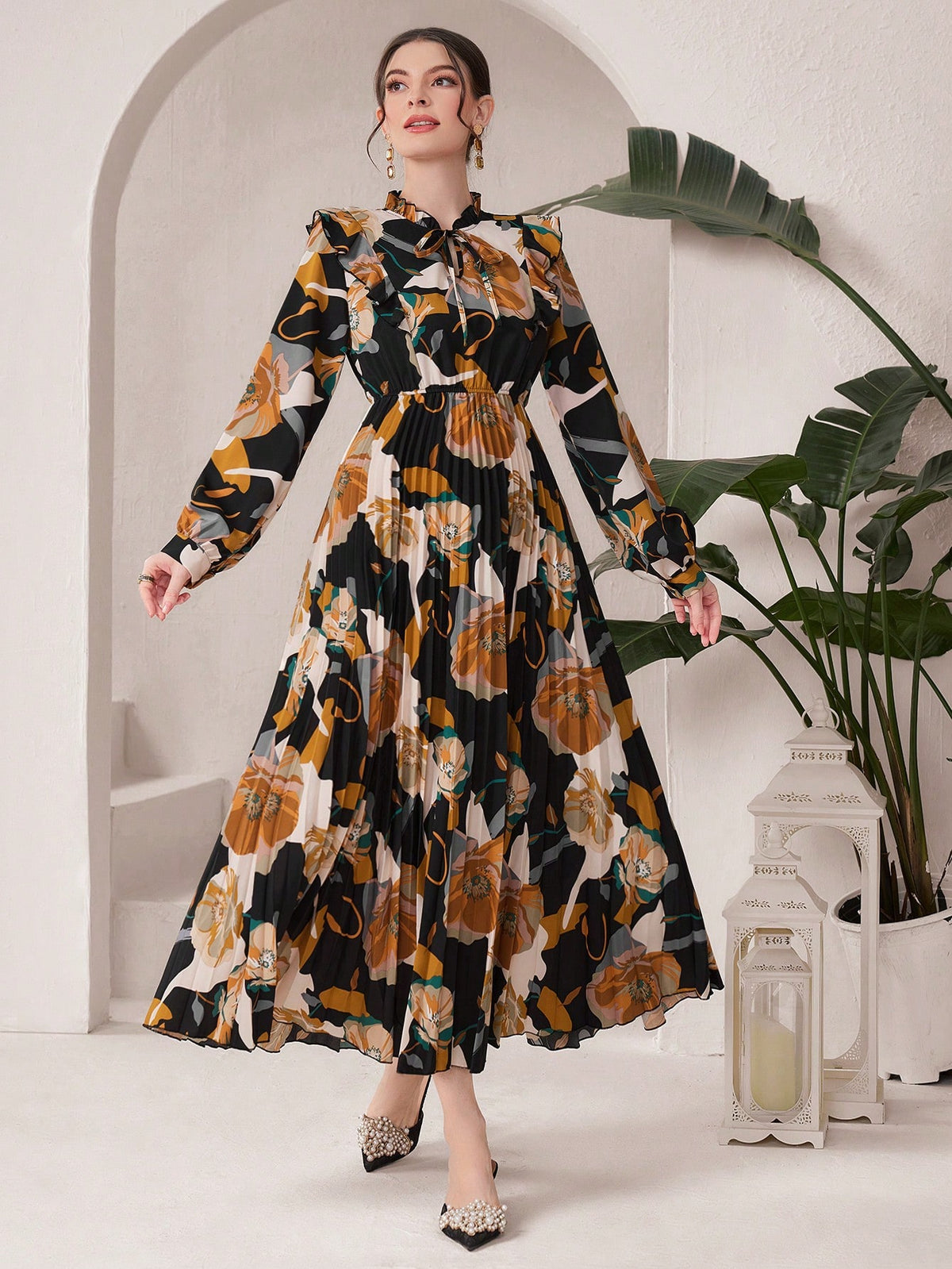 Women'S Butterfly Print Pleated Hem Dress