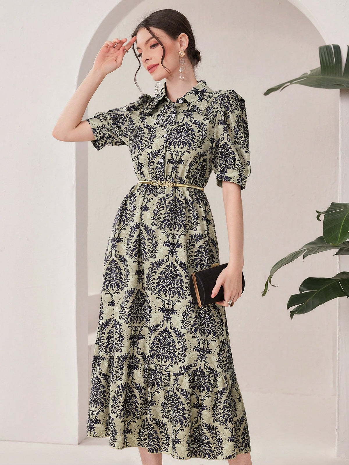Women'S Button Front Printed Half Placket Casual Dress