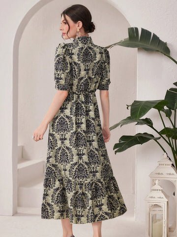 Women'S Button Front Printed Half Placket Casual Dress
