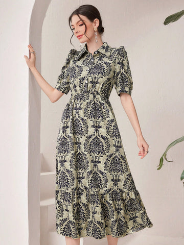 Women'S Button Front Printed Half Placket Casual Dress