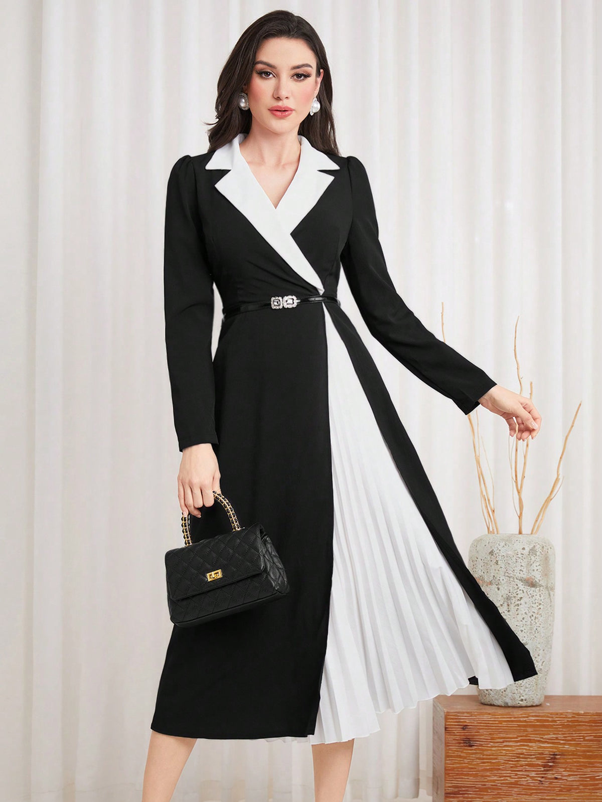 Women'S Colorblock Lapel Collar Pleated Wrap Dress With Patchwork
