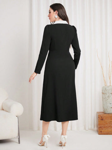 Women'S Colorblock Lapel Collar Pleated Wrap Dress With Patchwork