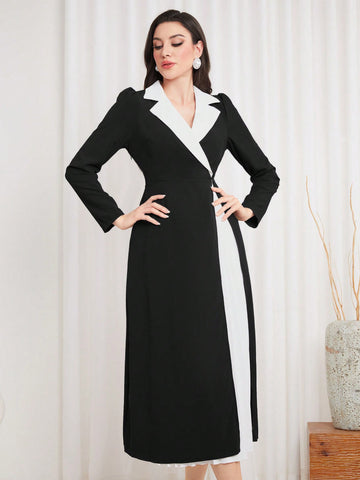 Women'S Colorblock Lapel Collar Pleated Wrap Dress With Patchwork