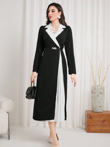 Women'S Colorblock Lapel Collar Pleated Wrap Dress With Patchwork