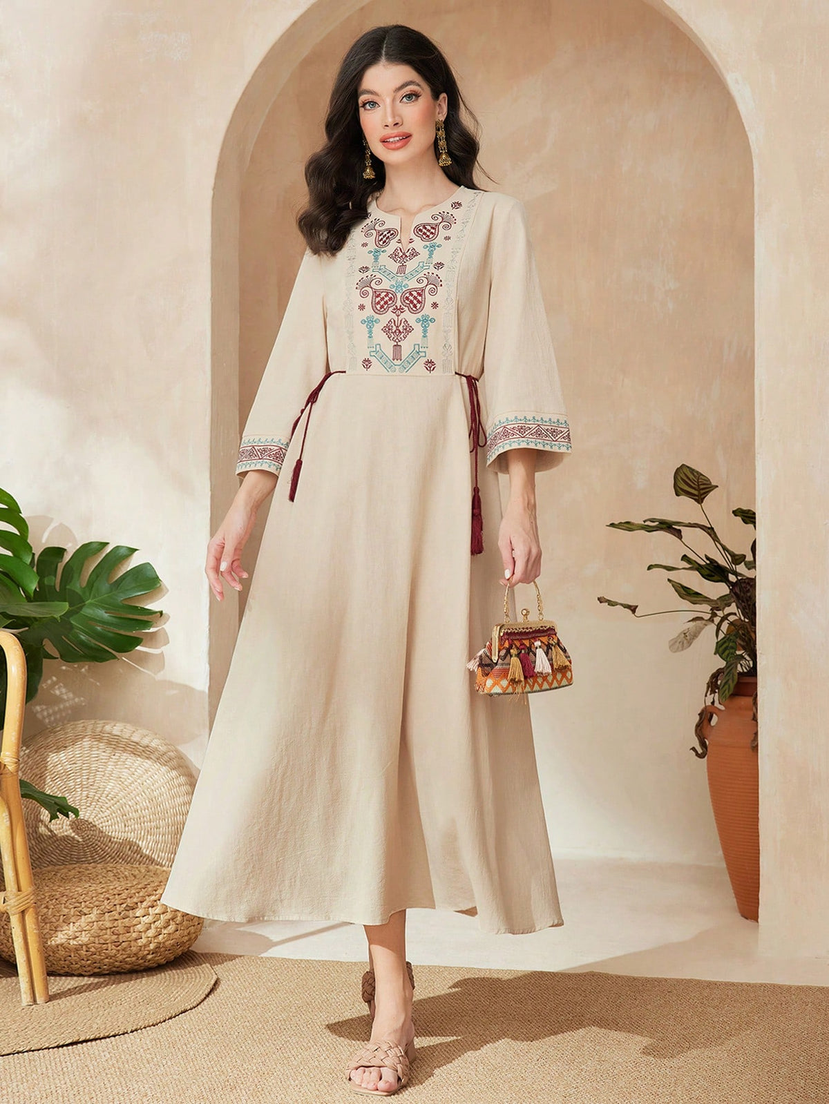 Mulvari Women'S Embroidered Notch Neck Drawstring Waist Dress