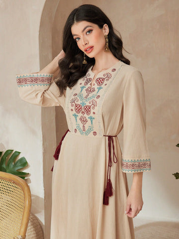 Mulvari Women'S Embroidered Notch Neck Drawstring Waist Dress