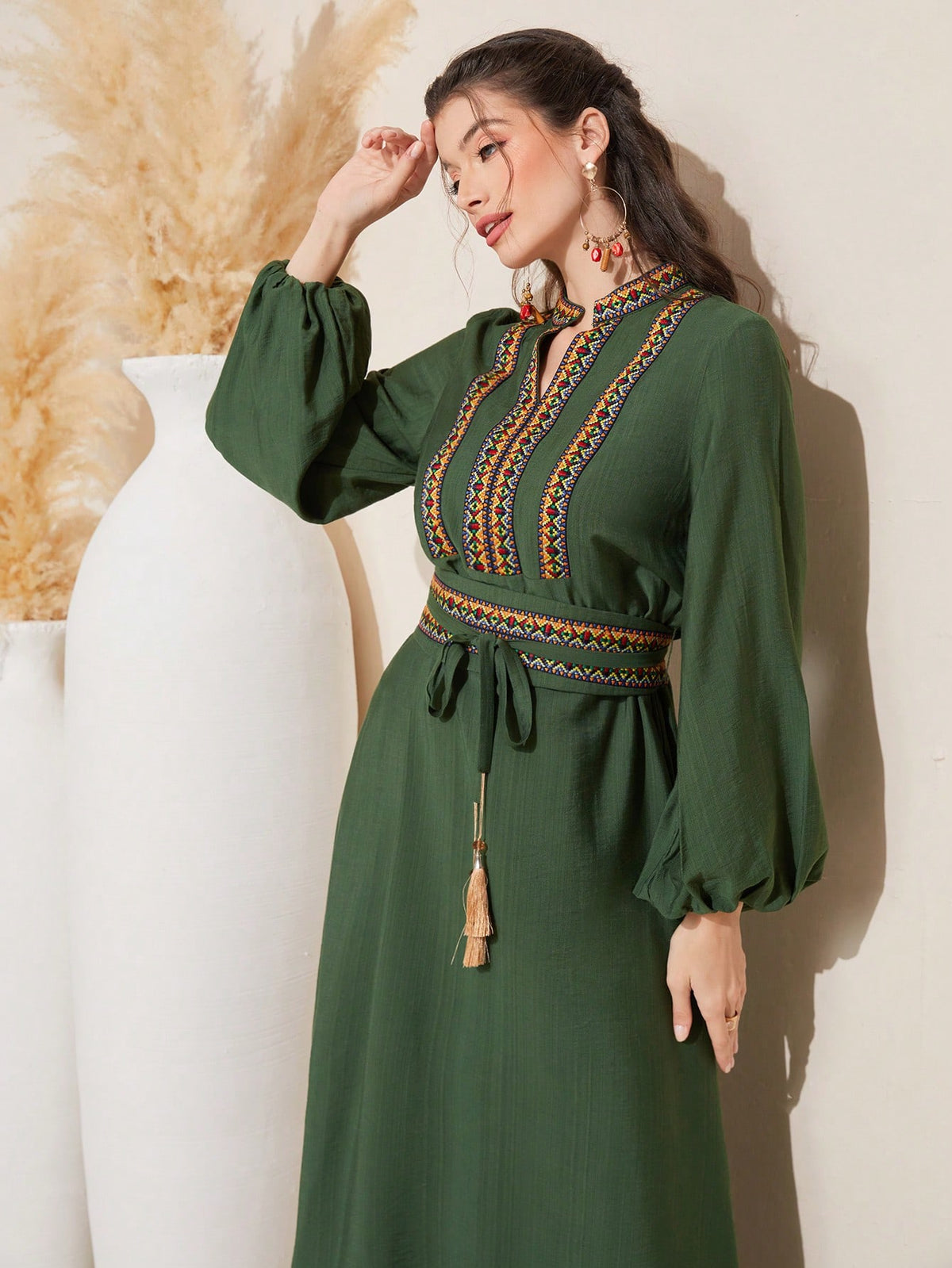 Mulvari Women'S Embroidered & Woven Belt Patchwork Lantern Sleeve Dress With Notched Collar