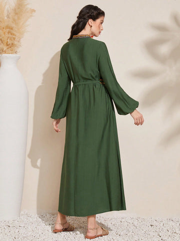 Mulvari Women'S Embroidered & Woven Belt Patchwork Lantern Sleeve Dress With Notched Collar