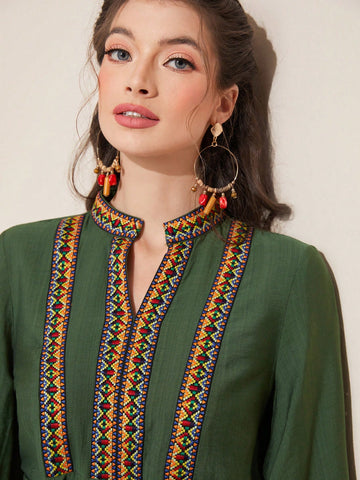Mulvari Women'S Embroidered & Woven Belt Patchwork Lantern Sleeve Dress With Notched Collar
