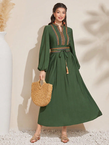 Mulvari Women'S Embroidered & Woven Belt Patchwork Lantern Sleeve Dress With Notched Collar