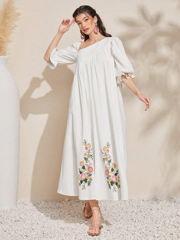 Women'S Floral Pattern Ruffle Sleeve Irregular Neck Dress