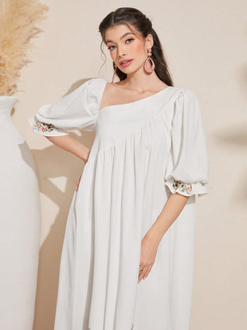 Women'S Floral Pattern Ruffle Sleeve Irregular Neck Dress