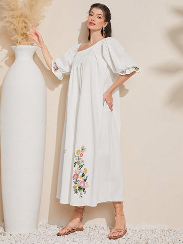 Women'S Floral Pattern Ruffle Sleeve Irregular Neck Dress
