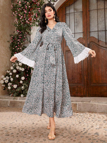 Women'S Floral Print Bell Sleeve Dress