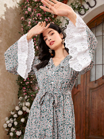Women'S Floral Print Bell Sleeve Dress