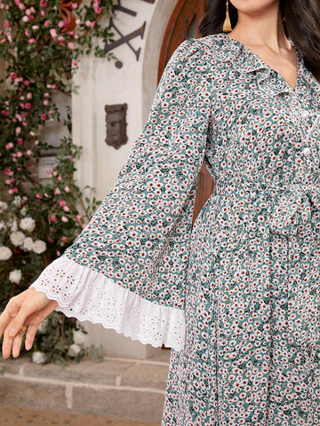Women'S Floral Print Bell Sleeve Dress