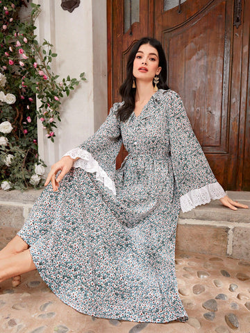 Women'S Floral Print Bell Sleeve Dress