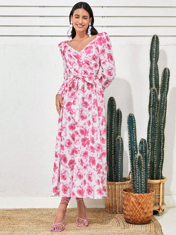Women'S Floral Print Leg-Of-Mutton Sleeve Dress