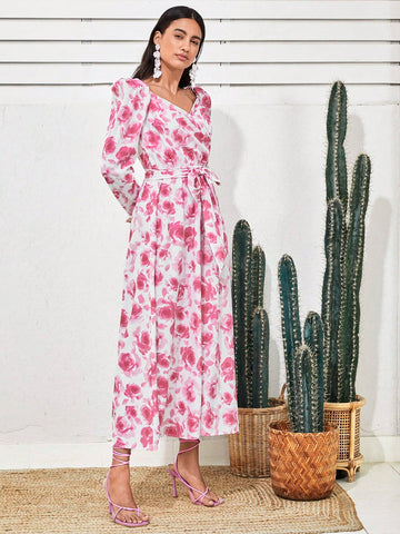Women'S Floral Print Leg-Of-Mutton Sleeve Dress