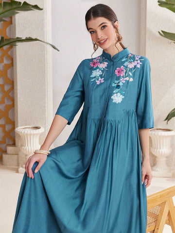 Mulvari Women'S Floral Print Stand Collar Shirt Dress