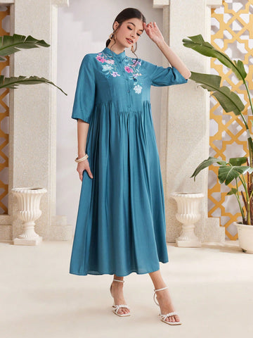 Mulvari Women'S Floral Print Stand Collar Shirt Dress