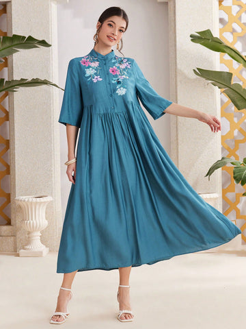 Mulvari Women'S Floral Print Stand Collar Shirt Dress