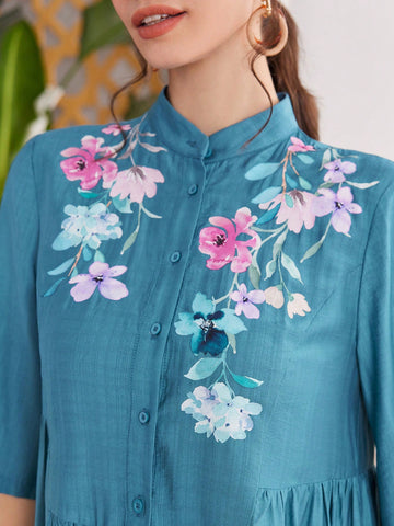 Mulvari Women'S Floral Print Stand Collar Shirt Dress
