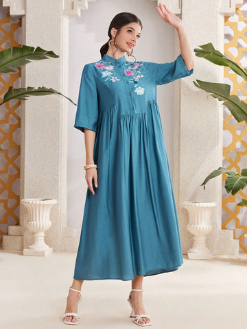 Mulvari Women'S Floral Print Stand Collar Shirt Dress