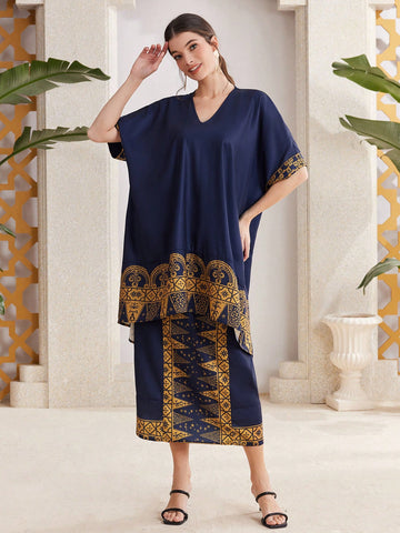 Women'S Floral Print V-Neck Two Piece Set