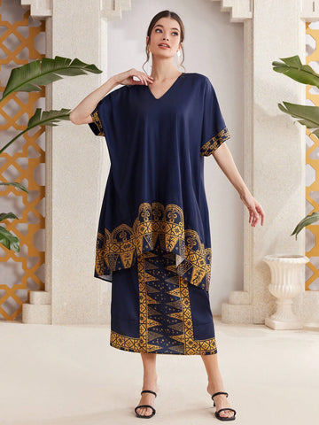 Women'S Floral Print V-Neck Two Piece Set