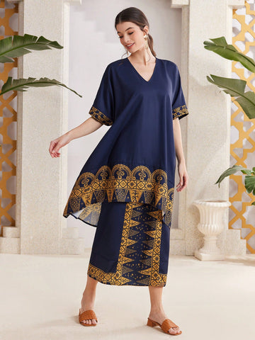 Women'S Floral Print V-Neck Two Piece Set