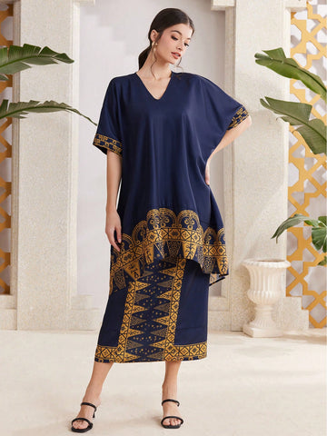 Women'S Floral Print V-Neck Two Piece Set