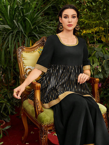 Women'S Gold Stamping Stripe Round Neck Top And Flare Pants Two Piece Set