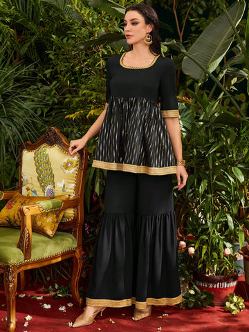 Women'S Gold Stamping Stripe Round Neck Top And Flare Pants Two Piece Set
