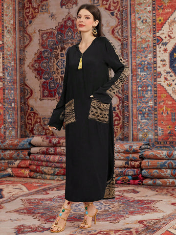 Women'S Hooded Long Sleeve Geometric Printed Dress