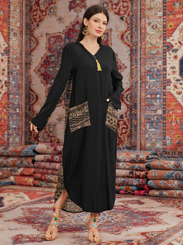 Women'S Hooded Long Sleeve Geometric Printed Dress