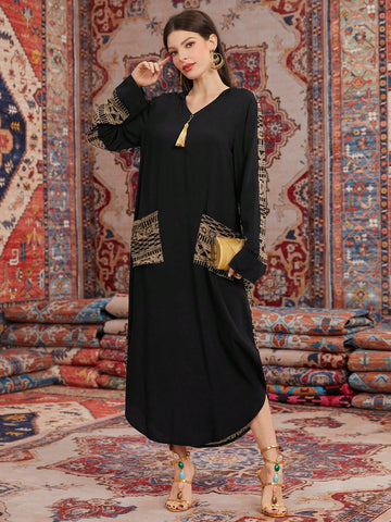 Women'S Hooded Long Sleeve Geometric Printed Dress