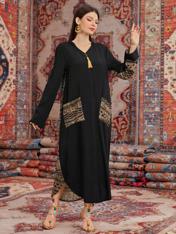 Women'S Hooded Long Sleeve Geometric Printed Dress