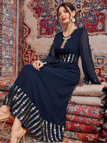 Women'S Long Sleeve Mesh Dress With Geometric Print And Gold Foil Detailing