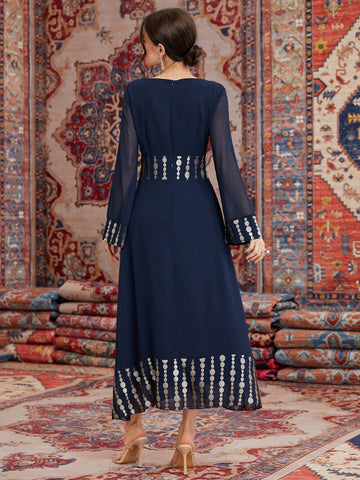 Women'S Long Sleeve Mesh Dress With Geometric Print And Gold Foil Detailing