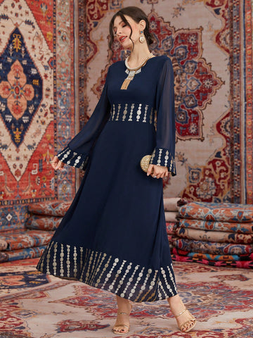 Women'S Long Sleeve Mesh Dress With Geometric Print And Gold Foil Detailing